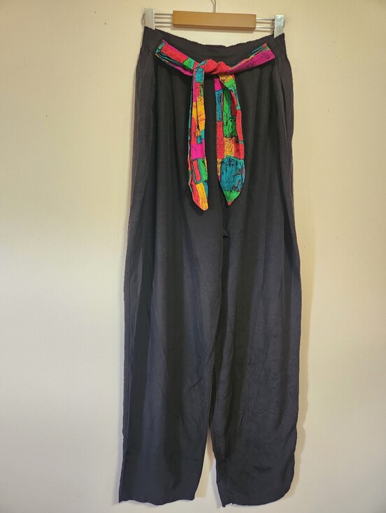Pants - Vintage 90s Emblem Abstract Paint Belt Wide Leg High Rise Harem Flowy Pants L